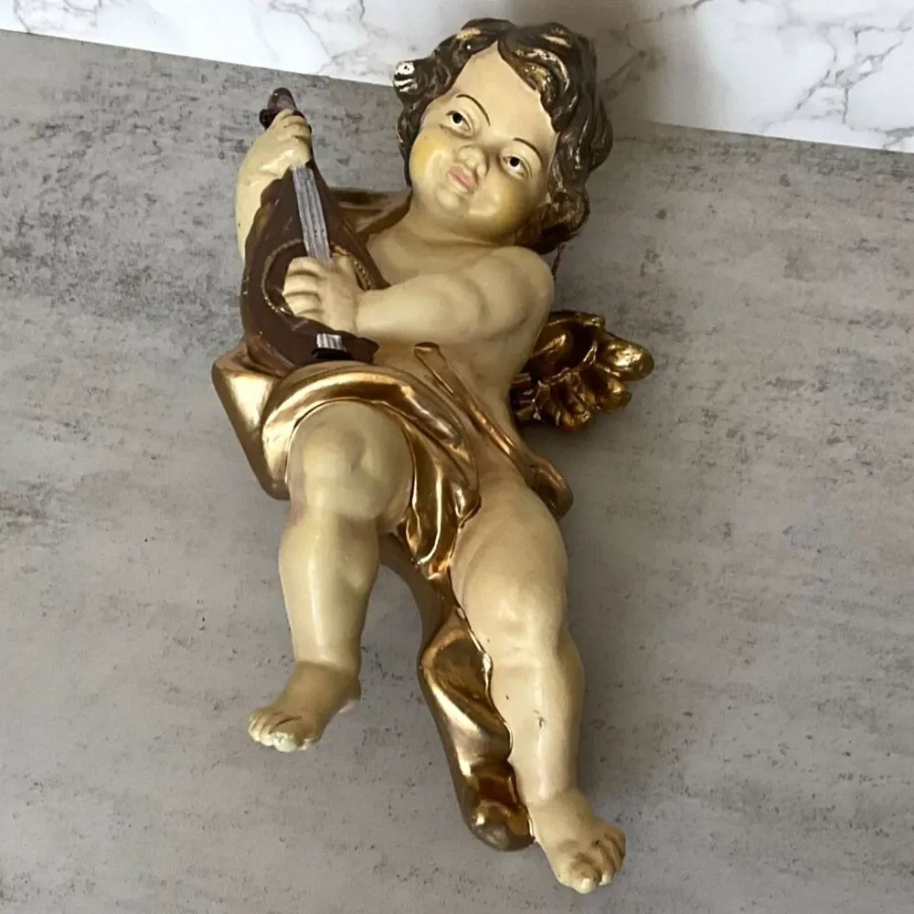 Gorgeous vintage cherub playing lute; cream and gold Paris Chic Hollywood Glam
